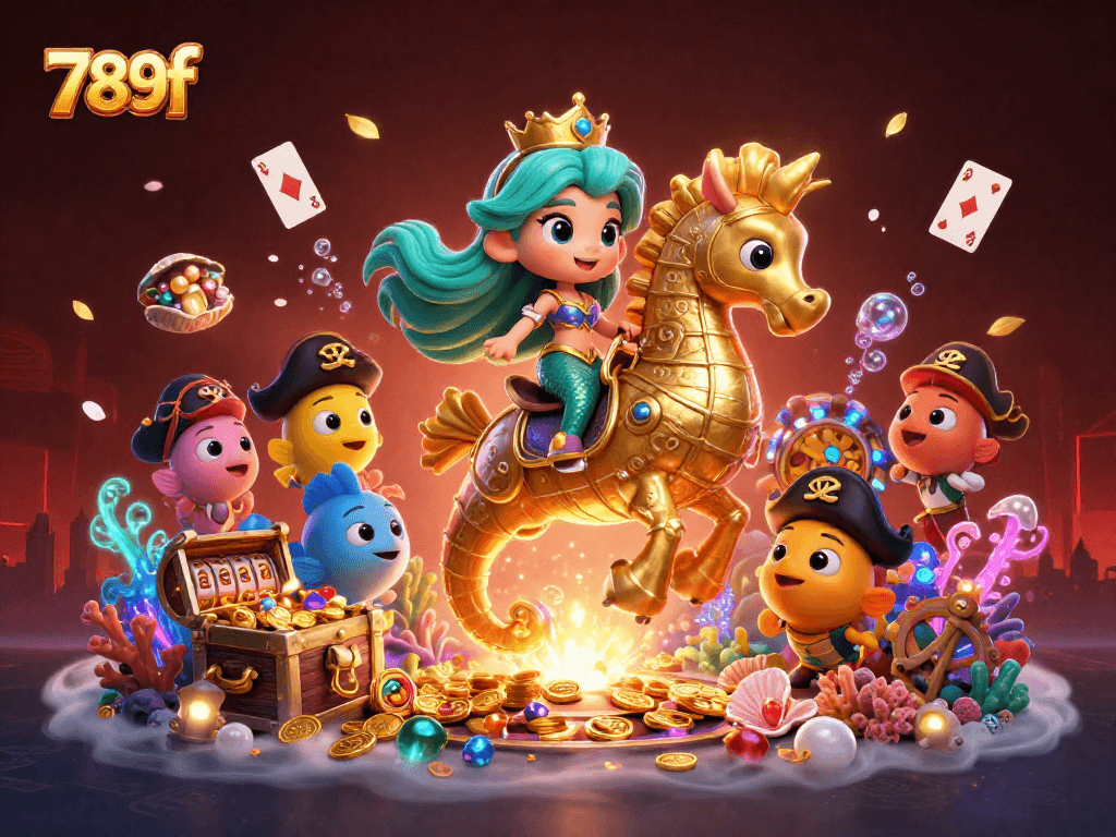 Experience thrilling underwater adventures at 789f with a captivating mermaid and seahorse in a colorful casino scene.