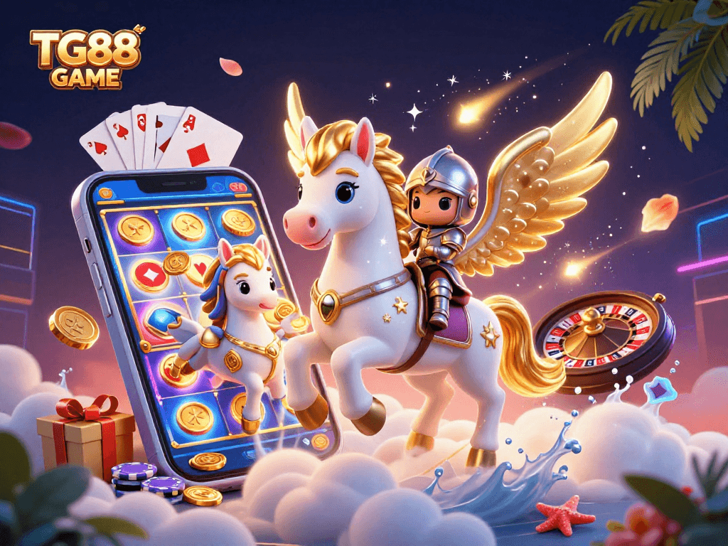 Engage in thrilling games at TG88 GAME with a celestial horse and knight dynamic scene.