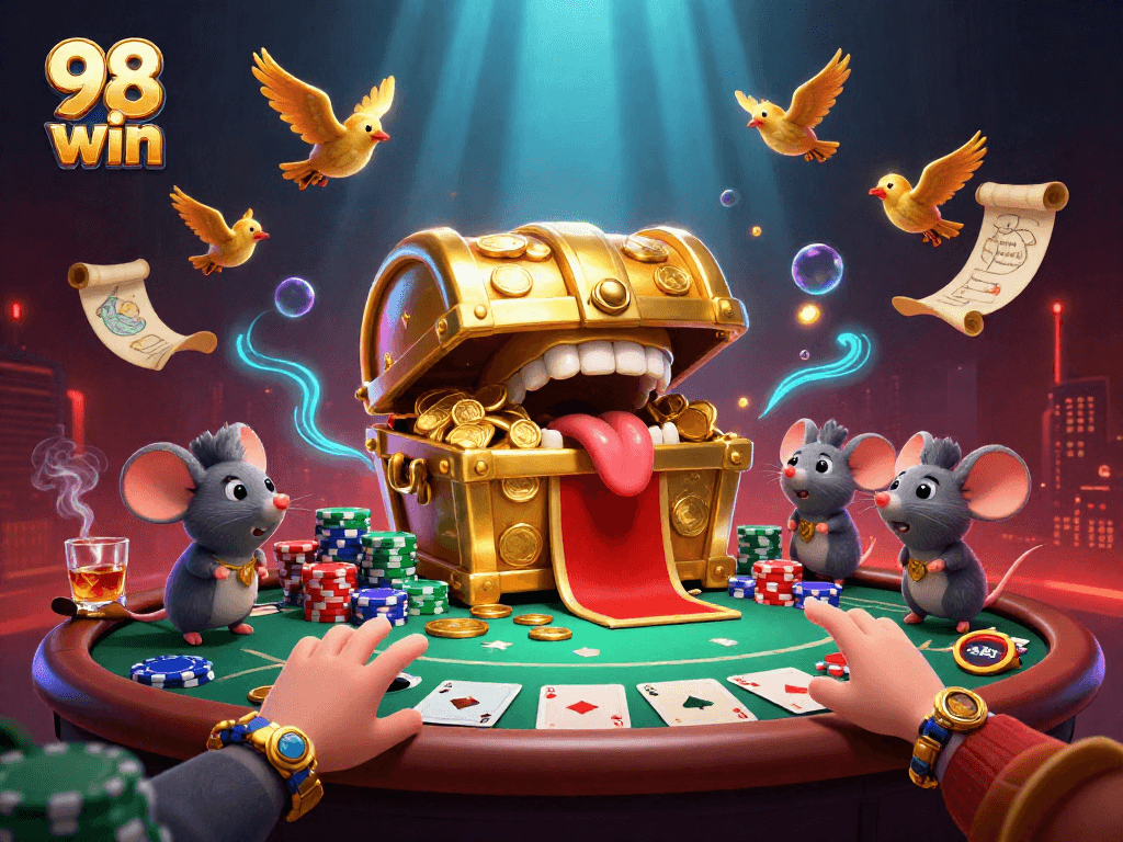 Engage with 98 win's thrilling casino adventure featuring a cartoon treasure chest and exciting poker elements.