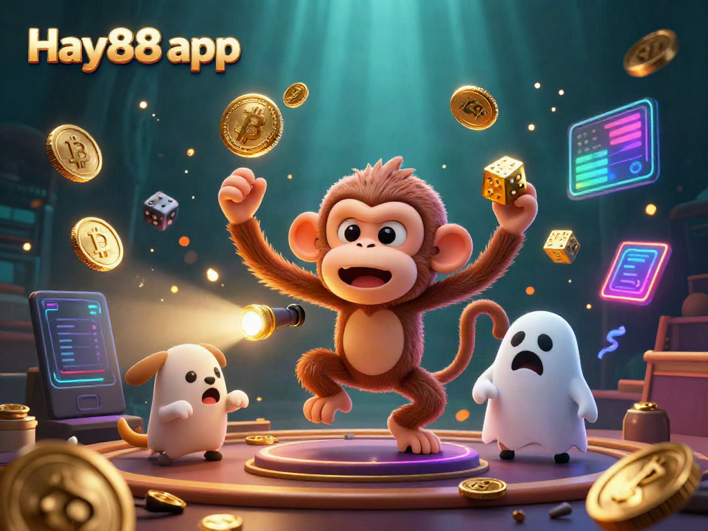 Experience the excitement of gaming with Hay88 app, featuring a playful monkey juggling golden items in a dynamic casino setting.
