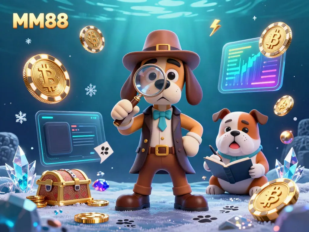 Join the MM88 adventure with a detective and bulldog exploring poker clues amidst neon cryptocurrencies.