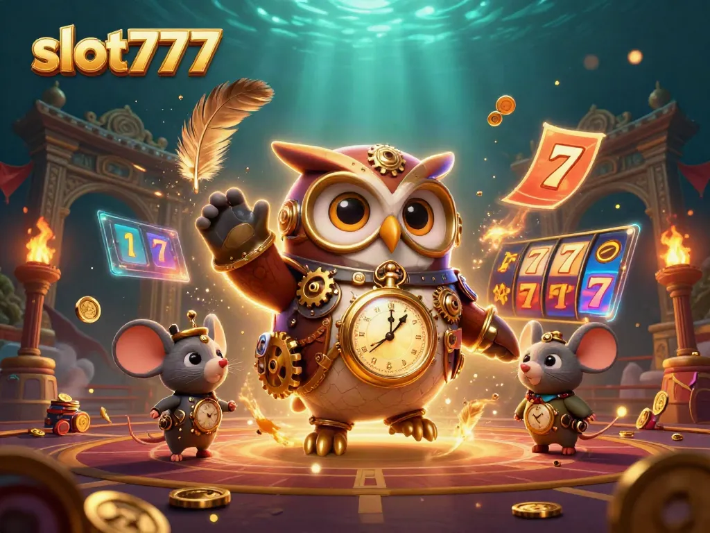 Spin and win with slot777 as the time-traveling owl and clockwork mouse explore a vibrant casino scene.