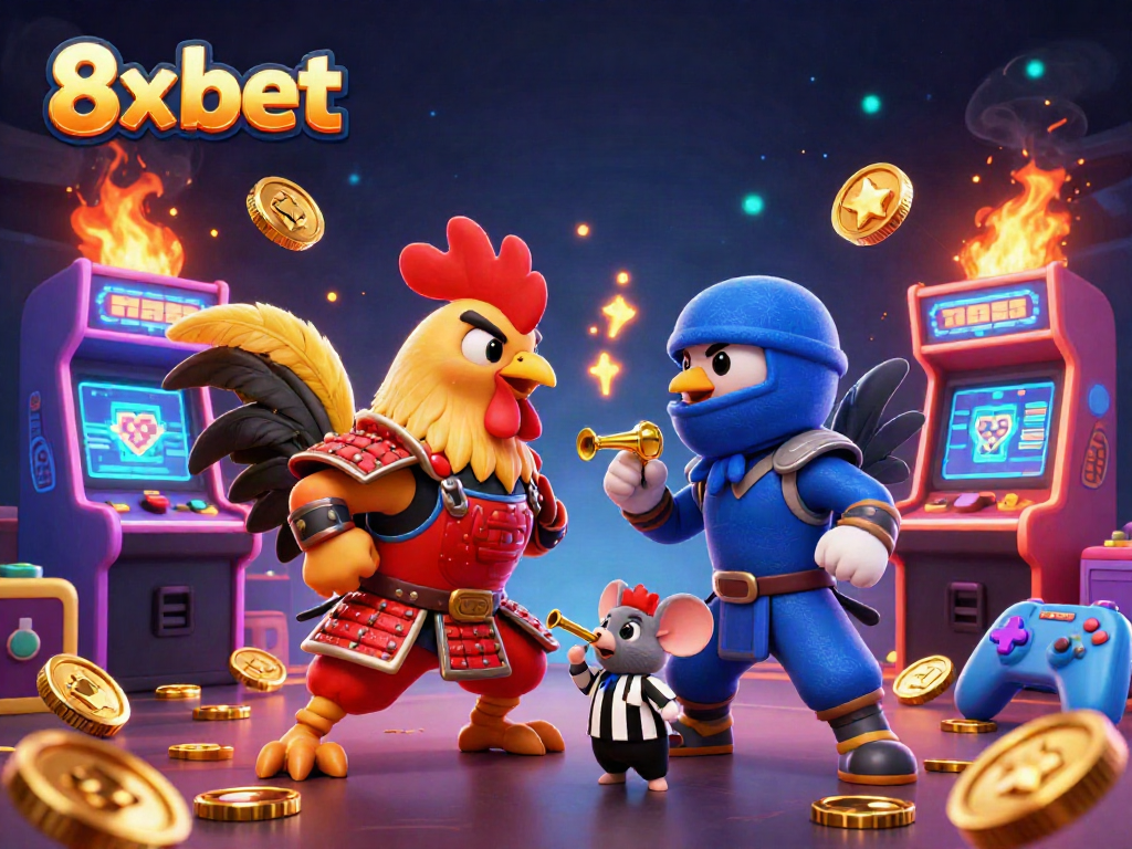 Engage in exciting gambling adventures with 8x bet featuring animated rooster warriors in this casino-themed illustration.