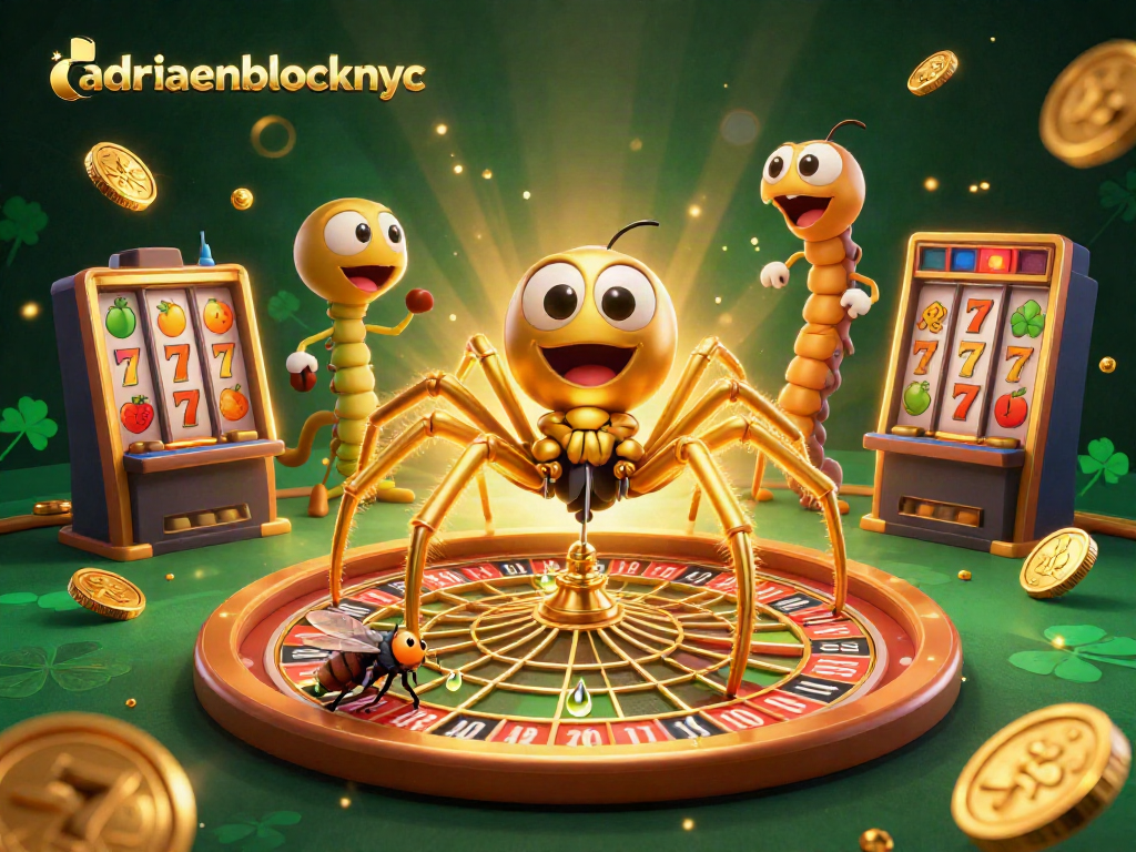 Place bets at adriaenblocknyc with a golden spider and roulette wheel in a vibrant casino atmosphere.