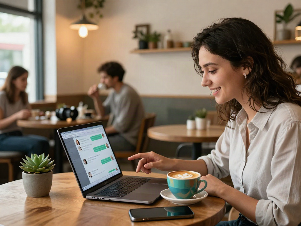 Engaging with spicy chat AI in a cozy cafe environment with warm lighting and vibrant decor.