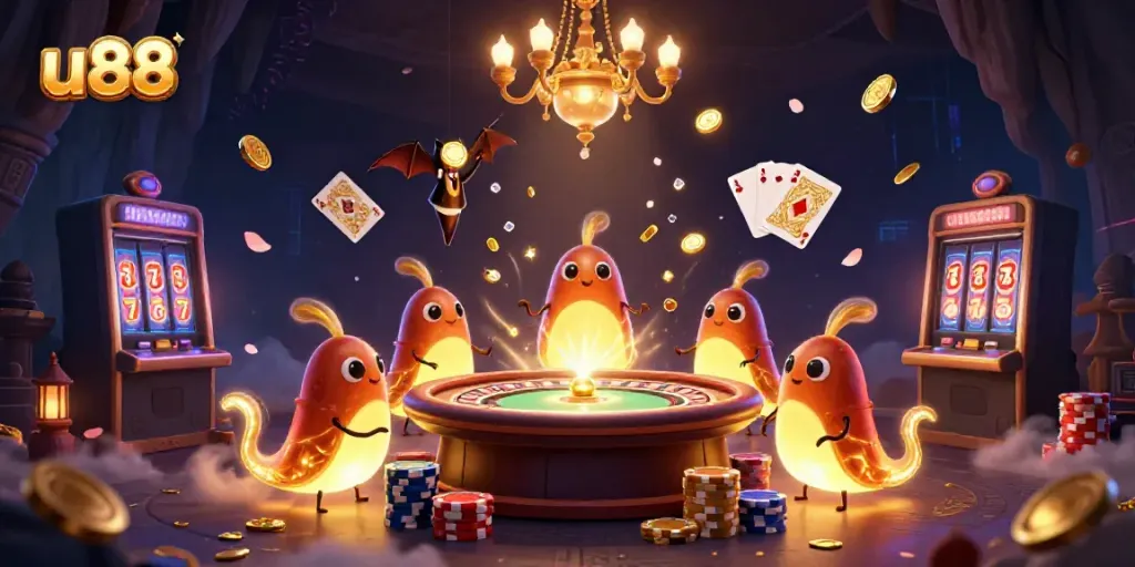 Experience the excitement of u88 with vibrant glowworms illuminating a lively online casino scene.
