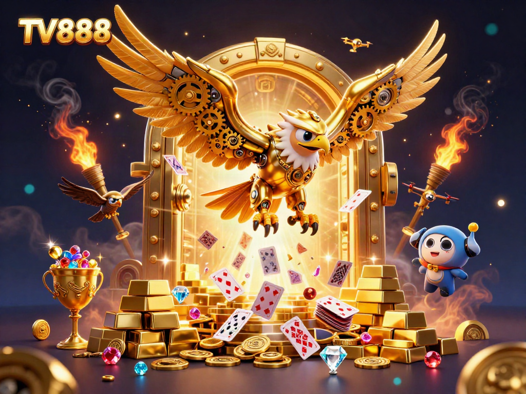 Experience the exhilarating gameplay of TV888 as a cybernetic eagle dives through vibrant playing cards.