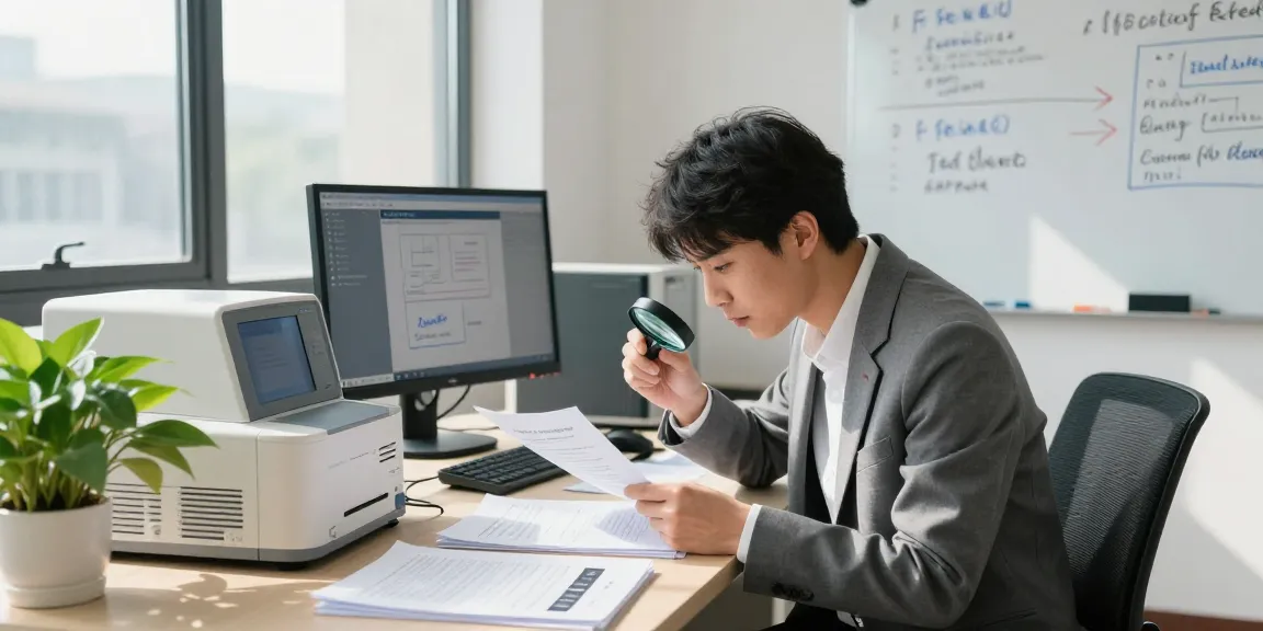Document fraud detection analysis in a professional office setting with documents under scrutiny.
