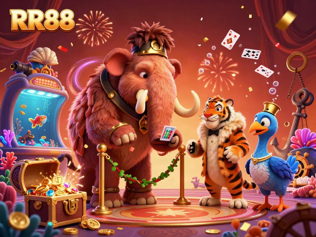 Experience the excitement of RR88 with a vibrant casino scene showcasing a mammoth bouncer, saber-tooth VIP, and dodo doorman.