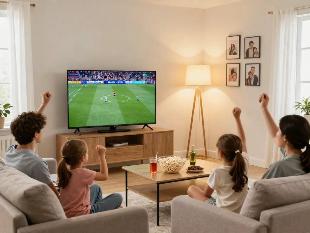 Miglior IPTV service showcased with family enjoying live sports in cozy living room.
