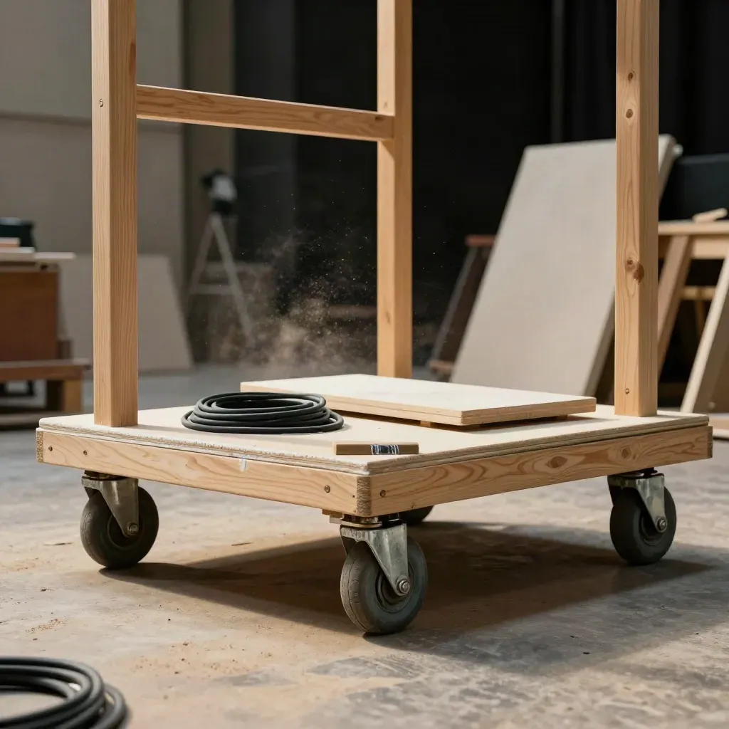 Quinte teatrali in legno con carrello di scena inclinato, cavi e polvere in sospensione.