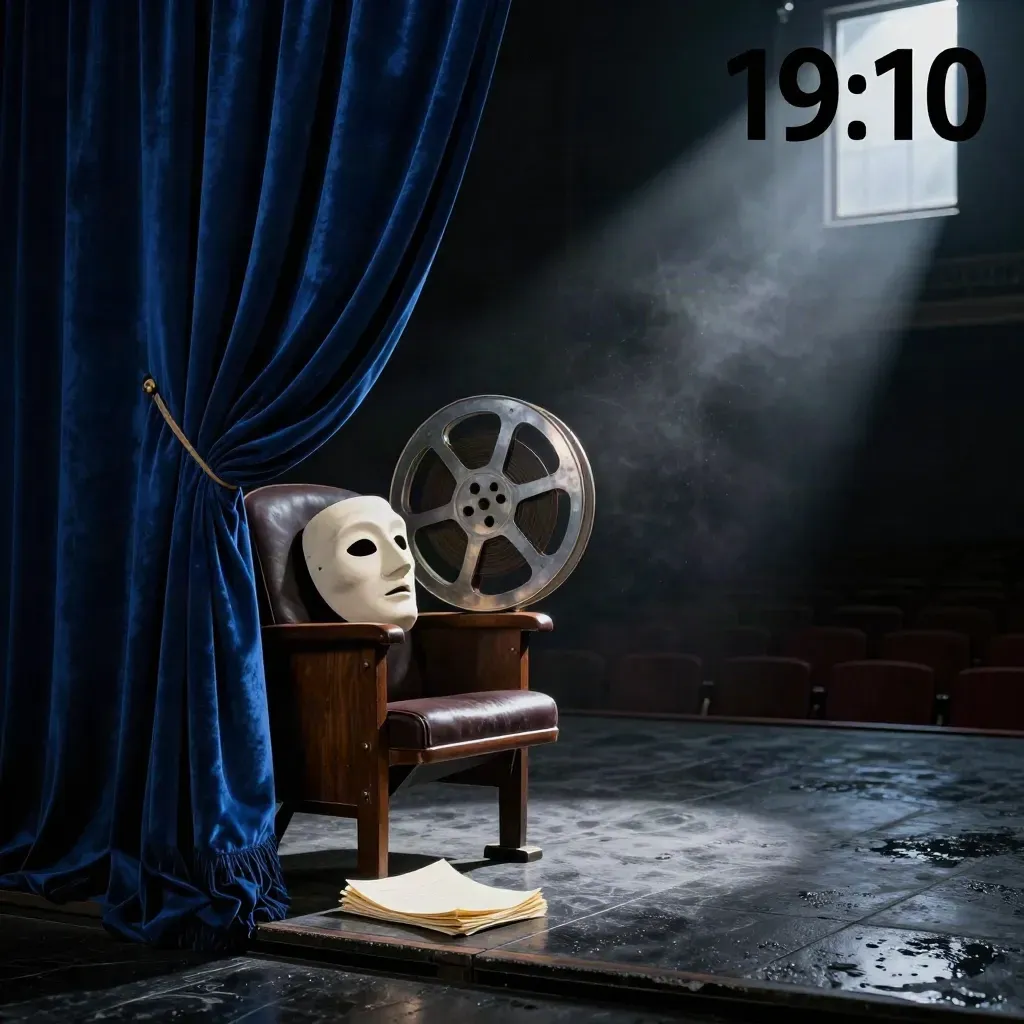 Sipario blu, bobina film, maschera tragica e poltrona di platea dopo un temporale.