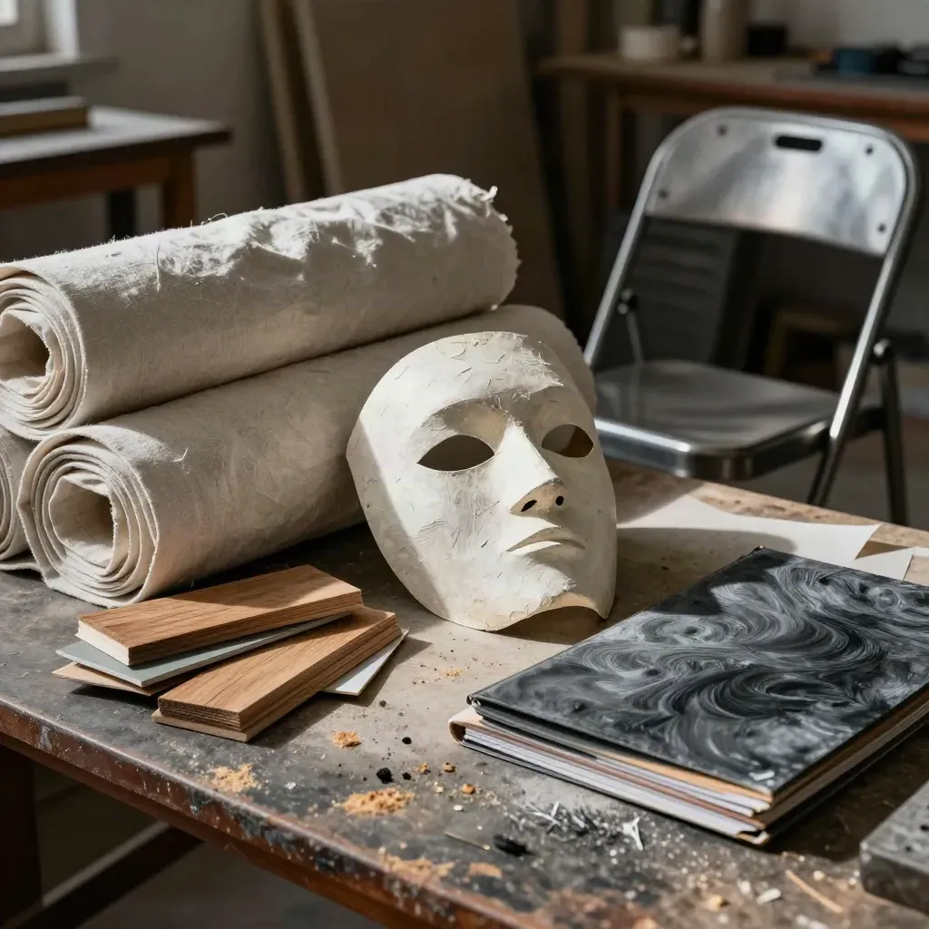 Atelier di scenografia con tessuti neutri, maschera di cartapesta e campioni di legno.