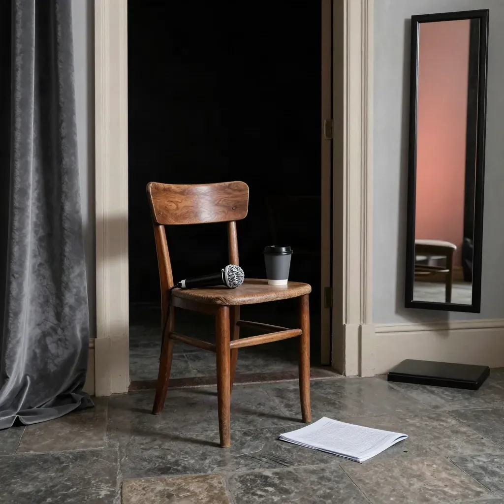 Foyer teatrale vuoto con sedia in legno, microfono spento, tazza opaca, specchio e copione chiuso.