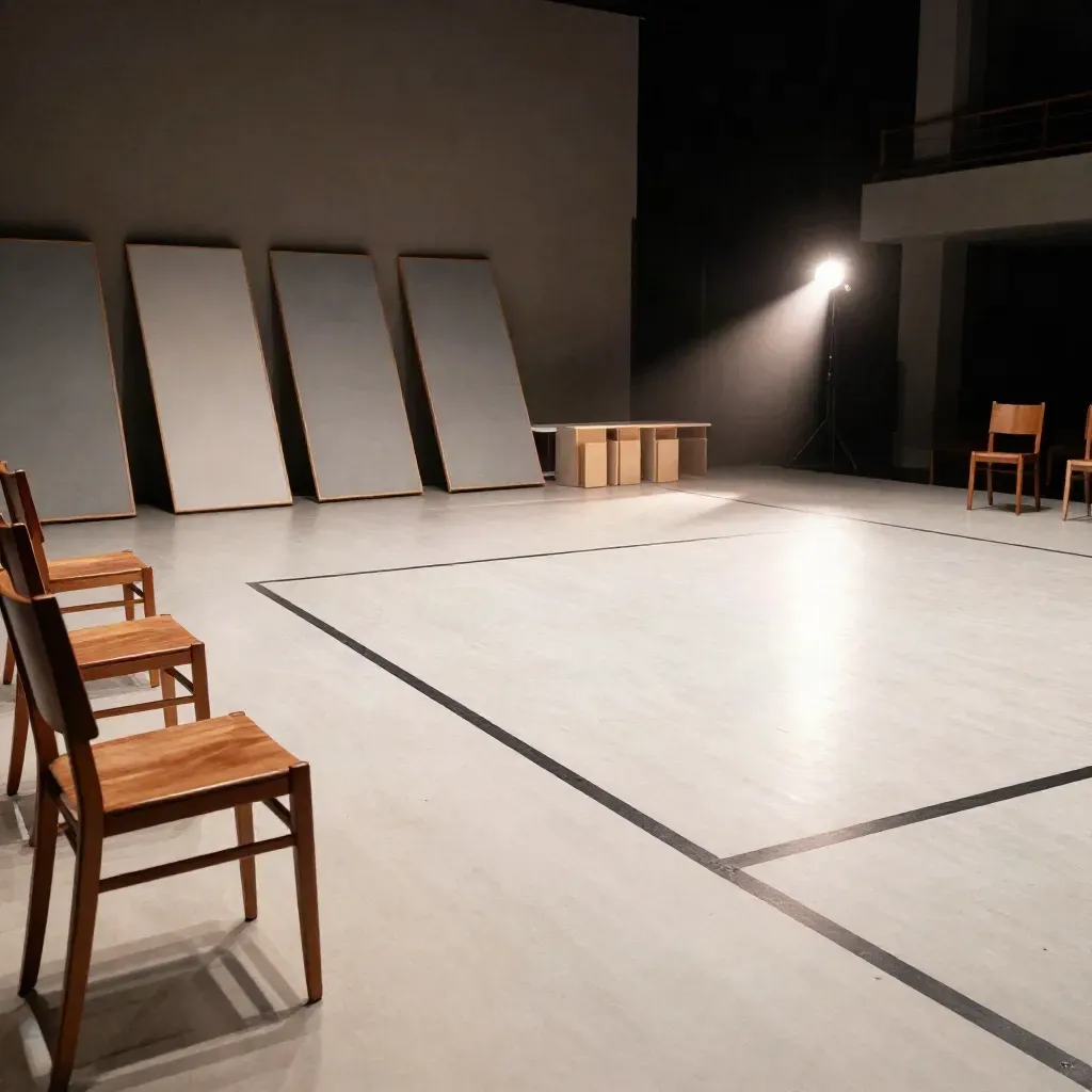Sala prove teatrale con sedie spostate, nastro di scena e fari accesi in luce calda.