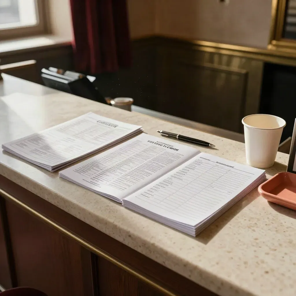 Banco teatrale con libretti chiusi, mappe piegate, tazze e appuntamenti ordinati