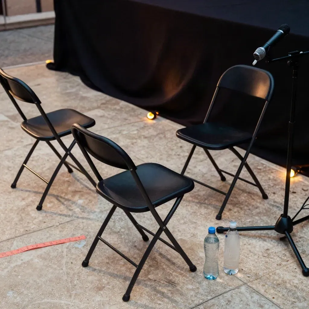 Atrio di festival con sedie pieghevoli e microfono in attesa, luce calda del pomeriggio