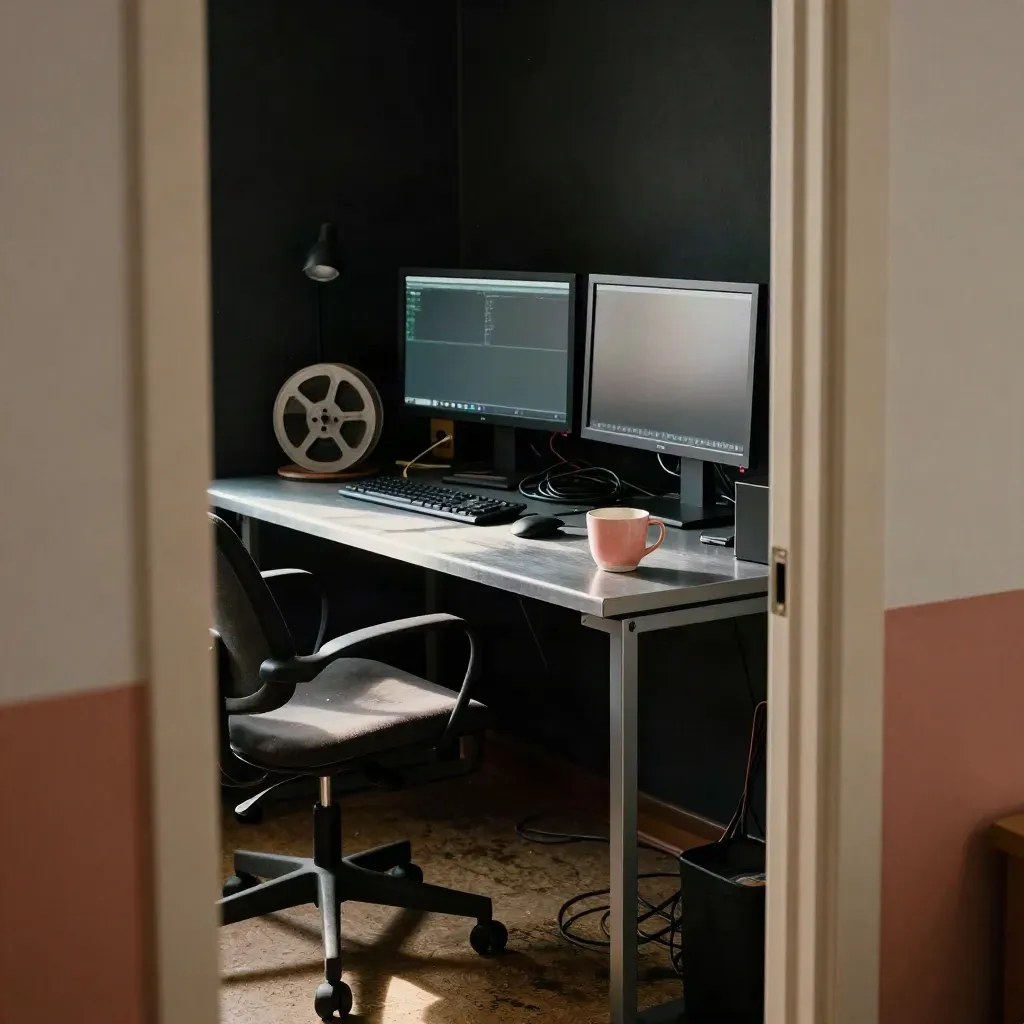 Sala di montaggio con monitor spenti, bobine, cavi e tazza opaca in luce pomeridiana.