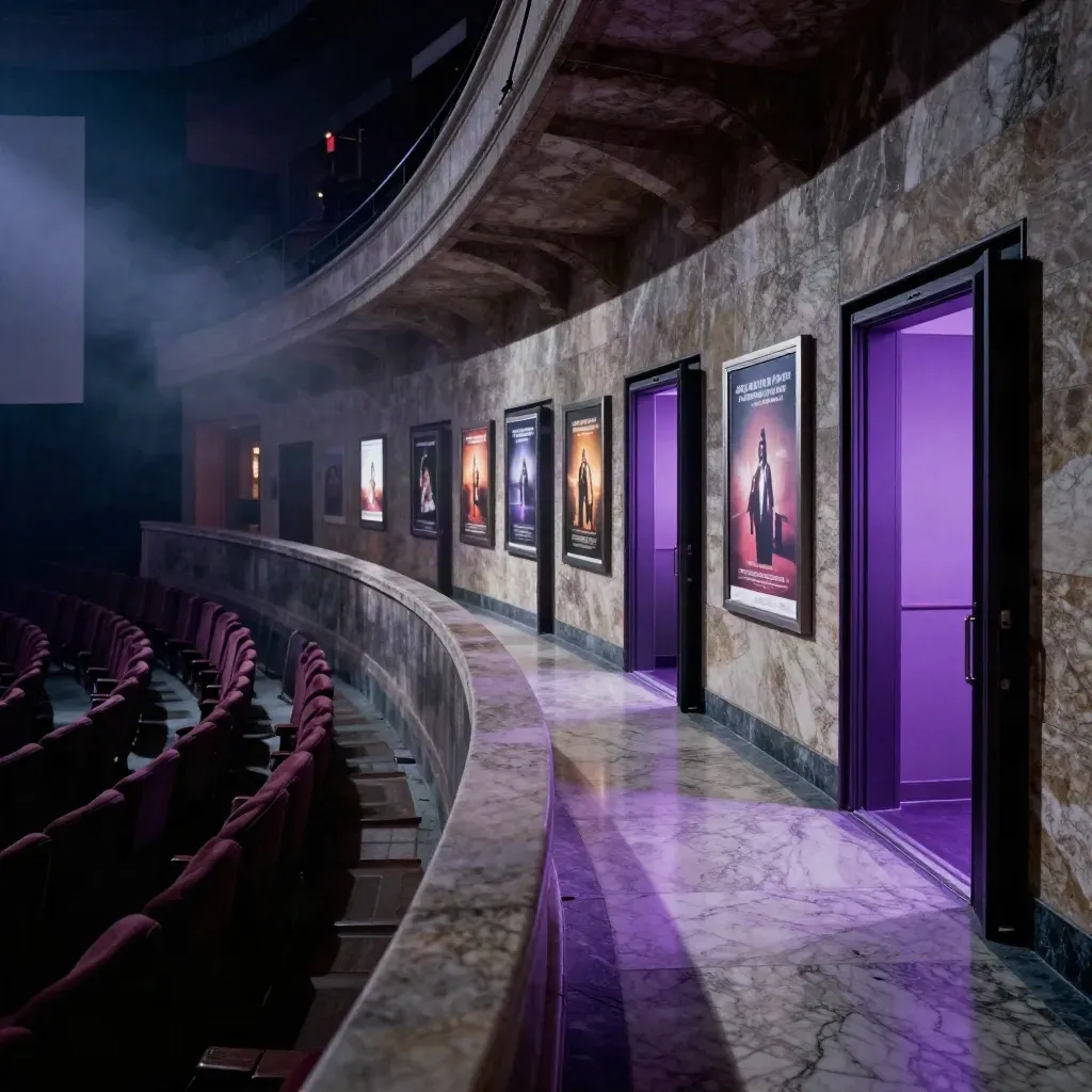 Foyer romano di teatro e cinema in travertino, sedute vuote e porte aperte in luce violacea