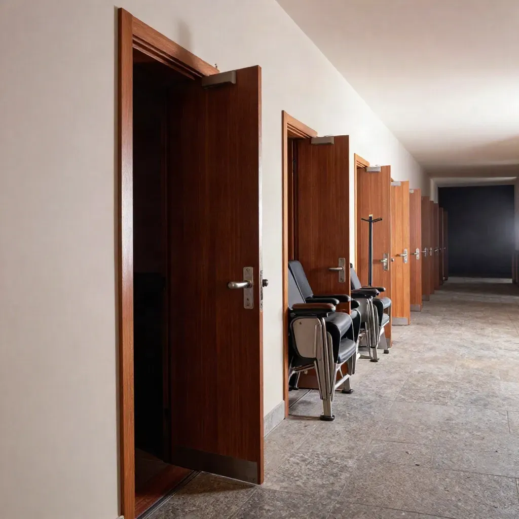 Corridoio di cinema con porte socchiuse, sedie impilate e luce calda in fuga