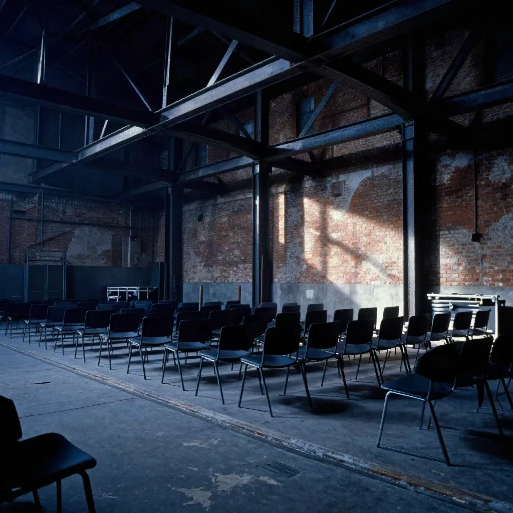 Ex spazio industriale torinese con travi in ferro, sedie nere e luce serale drammatica.