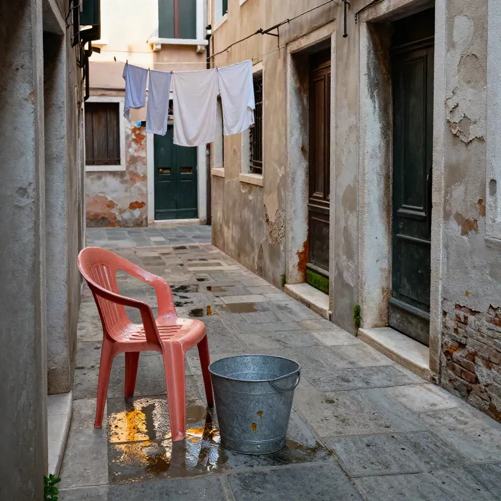 Corte veneziana umida con sedia corallo, secchio zincato e riflessi d’acqua alta residua