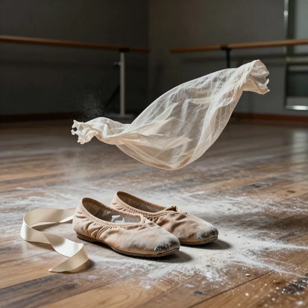 Scarpette da danza consumate, nastro di raso e tulle sospeso in una sala prove polverosa.