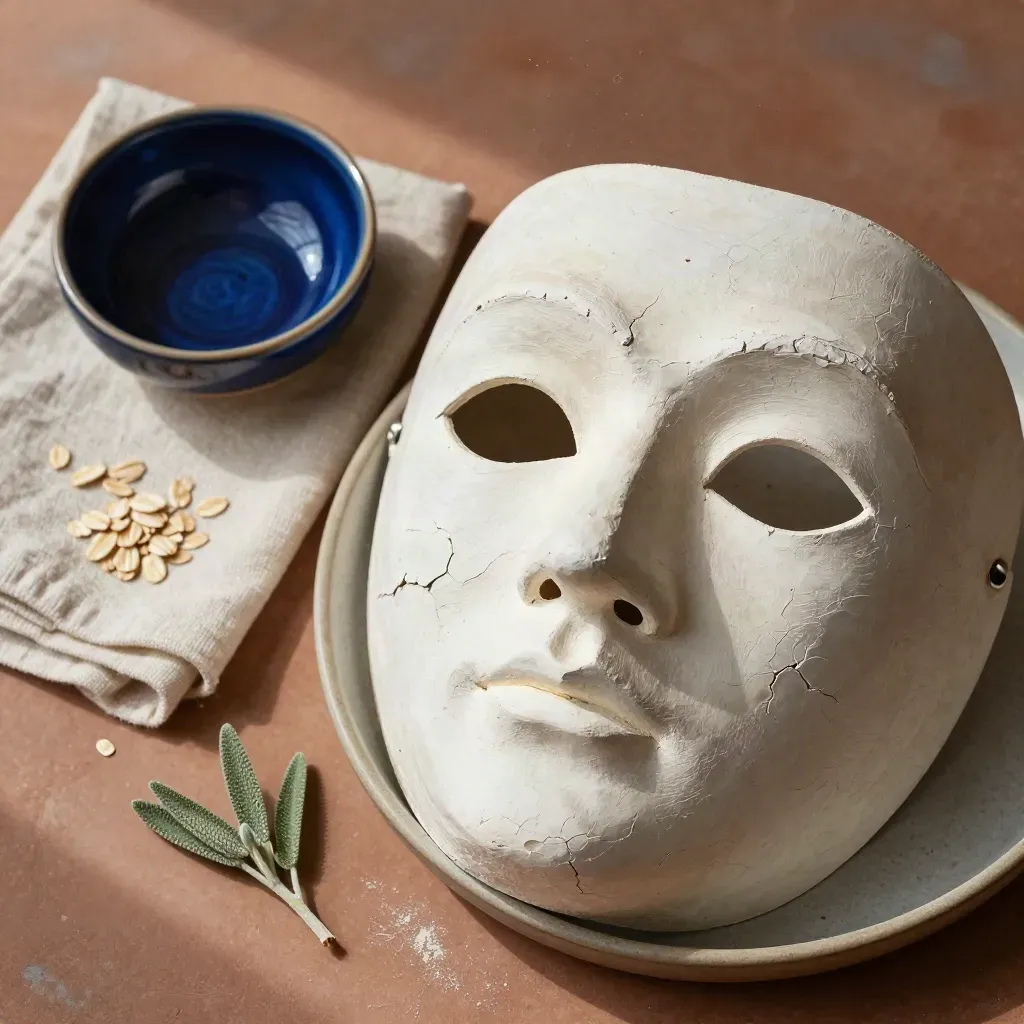 Maschera teatrale in gesso con panno, ciotola e piccola pianta su superficie in terracotta.