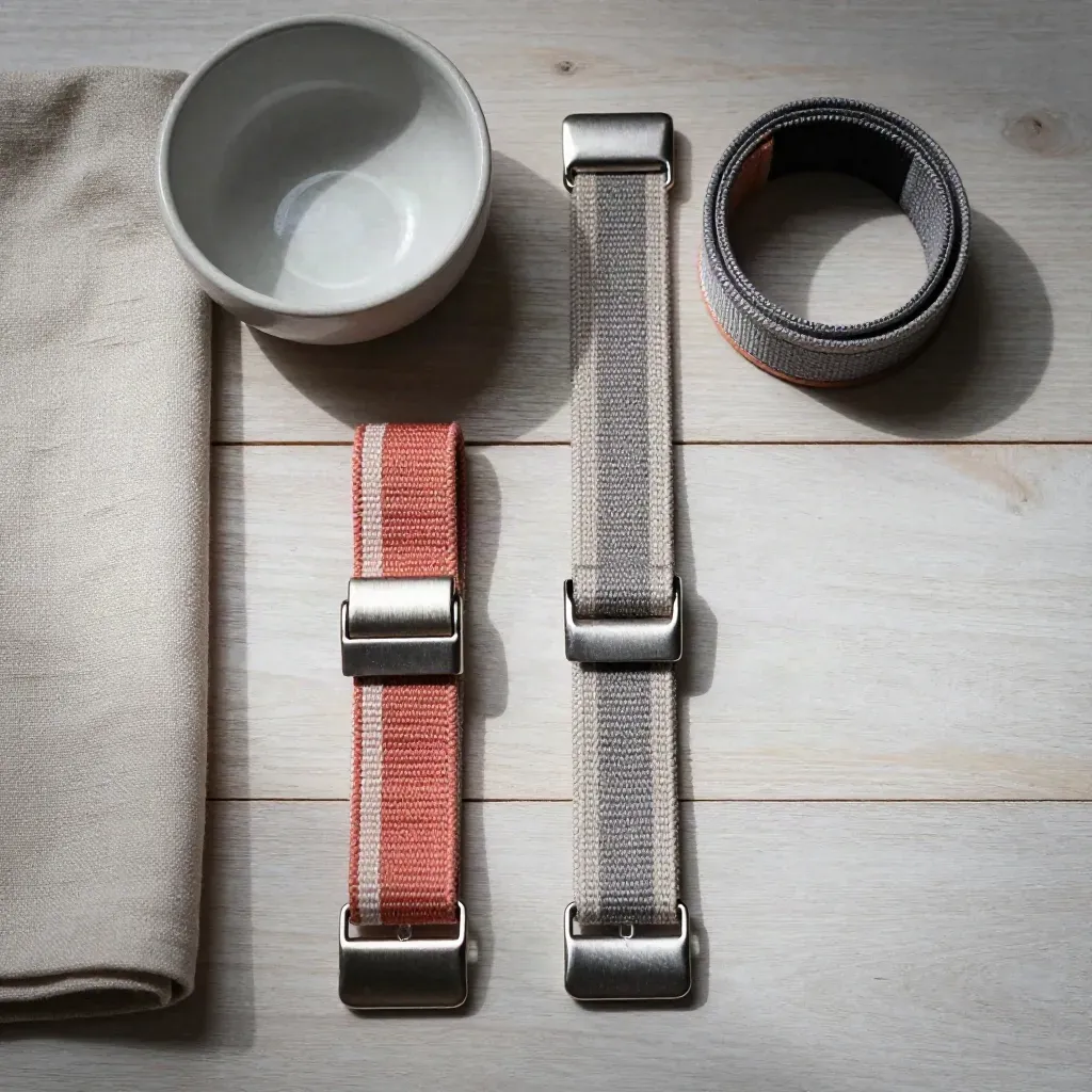 Braccialetti festival, clip metalliche, panno piegato e ciotola in ceramica su legno chiaro