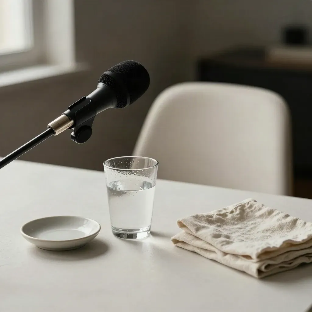 Microfono da conferenza verso una sedia vuota, con bicchiere d’acqua opaco e lino piegato.