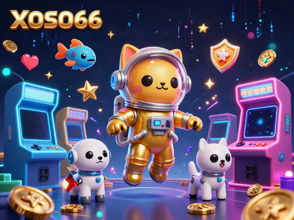 XOSO66 features a vibrant 3D illustration showcasing an astronaut cat and robot dog in a dynamic casino scene.