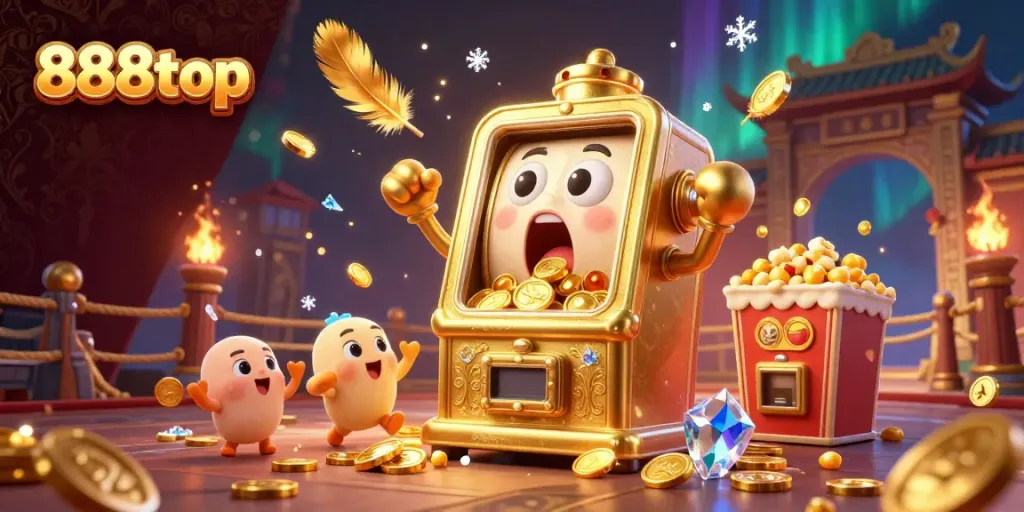 Watch 888top's animated golden slot machine revel in its jackpot amidst cheering cartoon machines, vibrant casino elements.