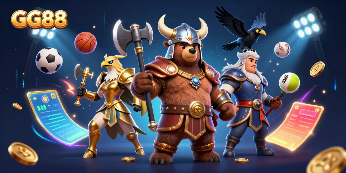 GG88 depicts a spirited Viking bear and Valkyrie eagle amidst dynamic sports elements in a vibrant casino setting.