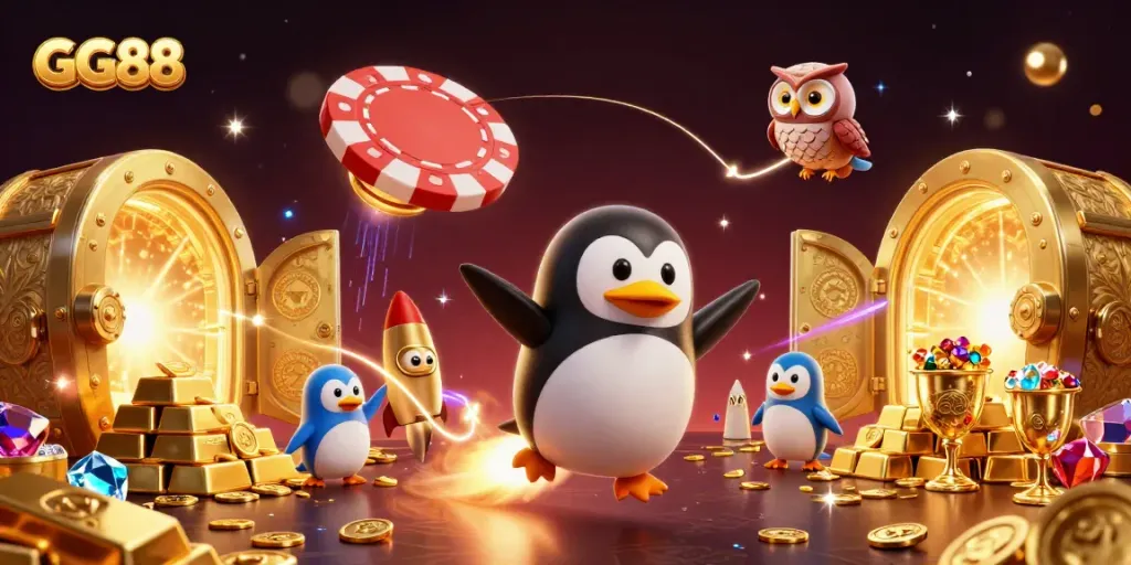 Experience the thrill of gambling with GG88 as you see a golden penguin and a casino space station amidst a treasure explosion.