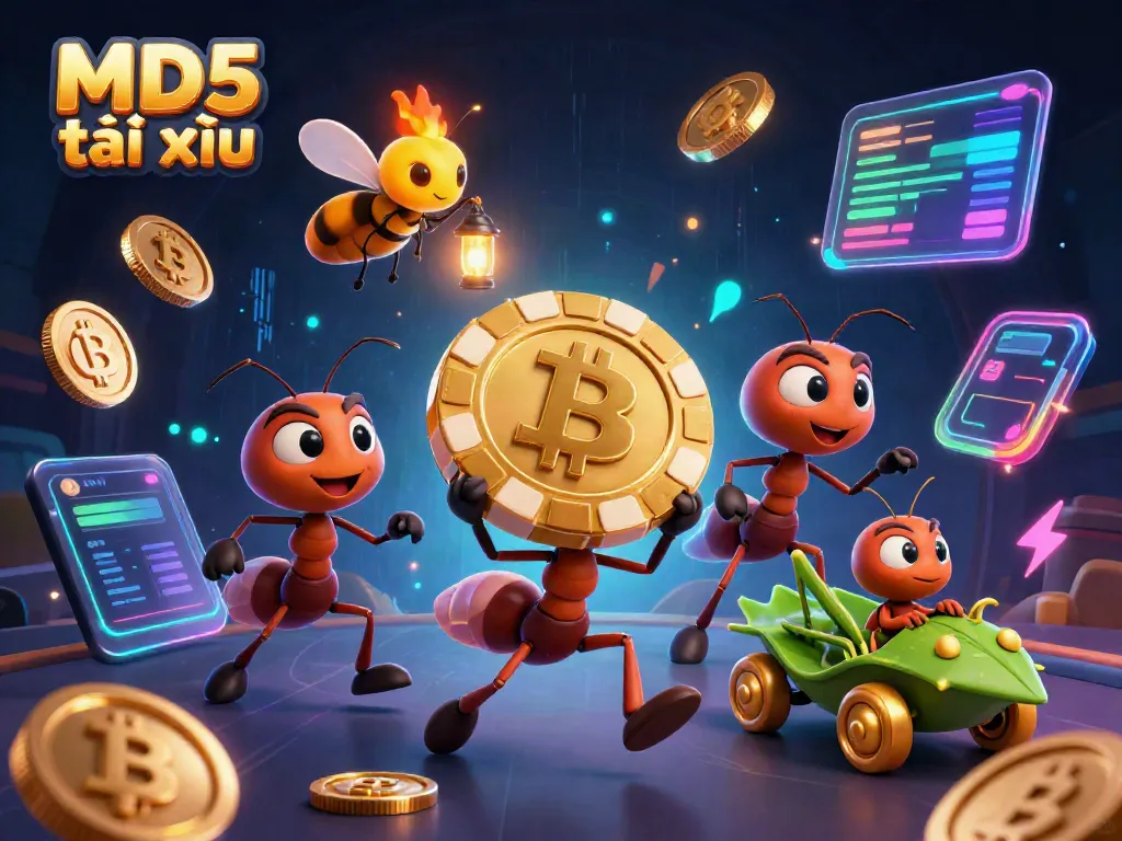 Engage in thrilling MD5 tài xỉu gameplay with energetic ants heisting poker chips in a vibrant casino landscape.