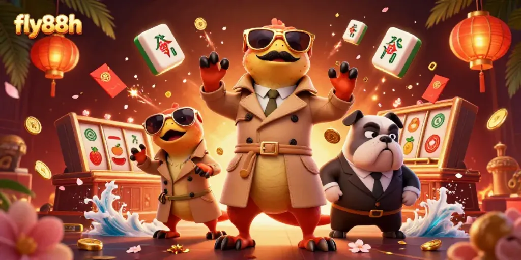 Raptors entering a VIP casino scene, fly88h themed with vibrant casino elements.