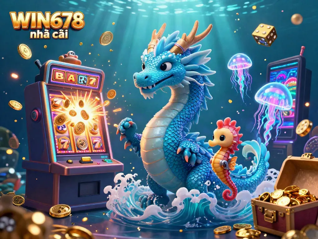 Experience thrilling gameplay at WIN678 nhà cái with vibrant 3D characters and casino elements, including a dragon and slot machine.