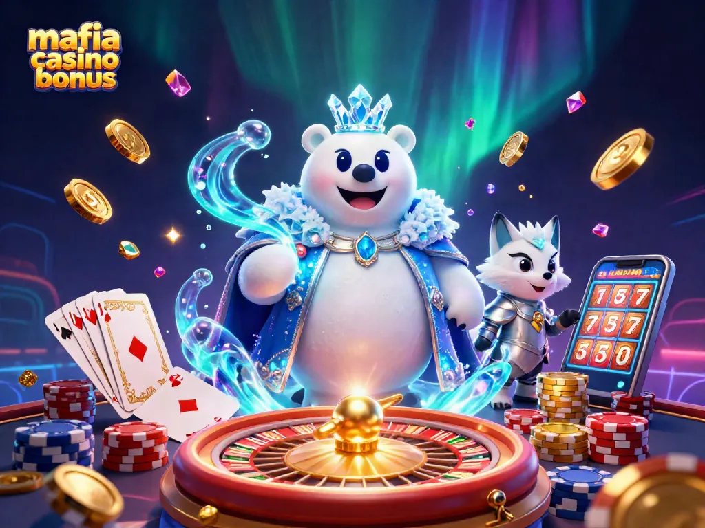 Engage with the mafia casino bonus showcasing a polar bear king and fox in a mystical casino scene.