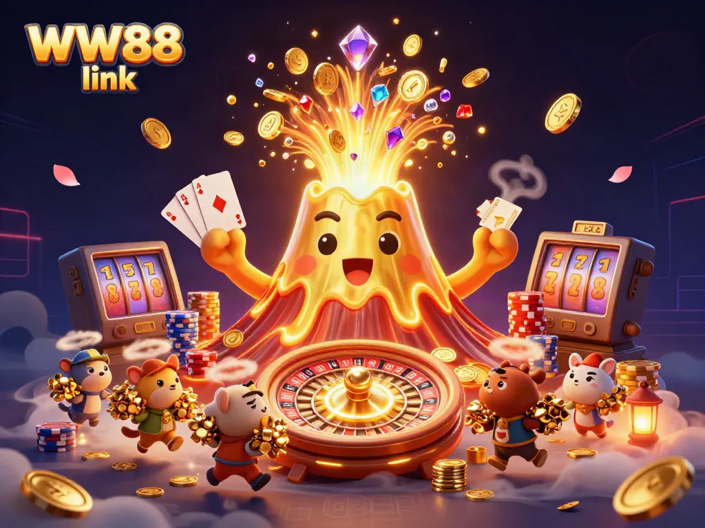 Experience the excitement of the WW88 link with treasures flying from a golden volcano, showcasing rich casino elements.