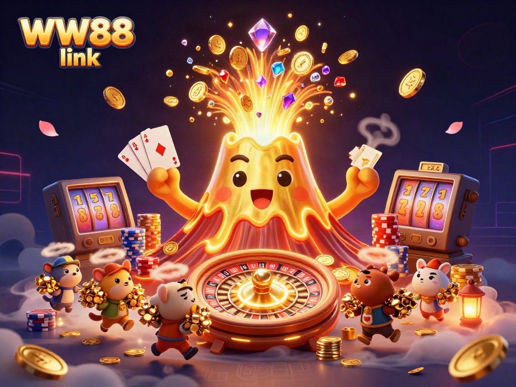 Experience the excitement of the WW88 link with treasures flying from a golden volcano, showcasing rich casino elements.