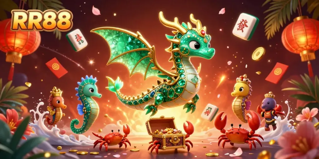 Experience RR88's vibrant gaming world with a luxurious sea dragon, treasures, and festive elements.