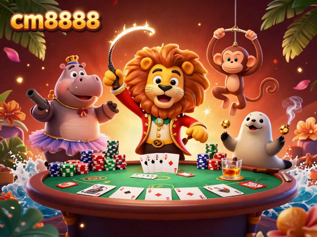 Join the excitement of cm8888 while the cartoon ringmaster lion and friends play poker amidst a vibrant casino atmosphere.