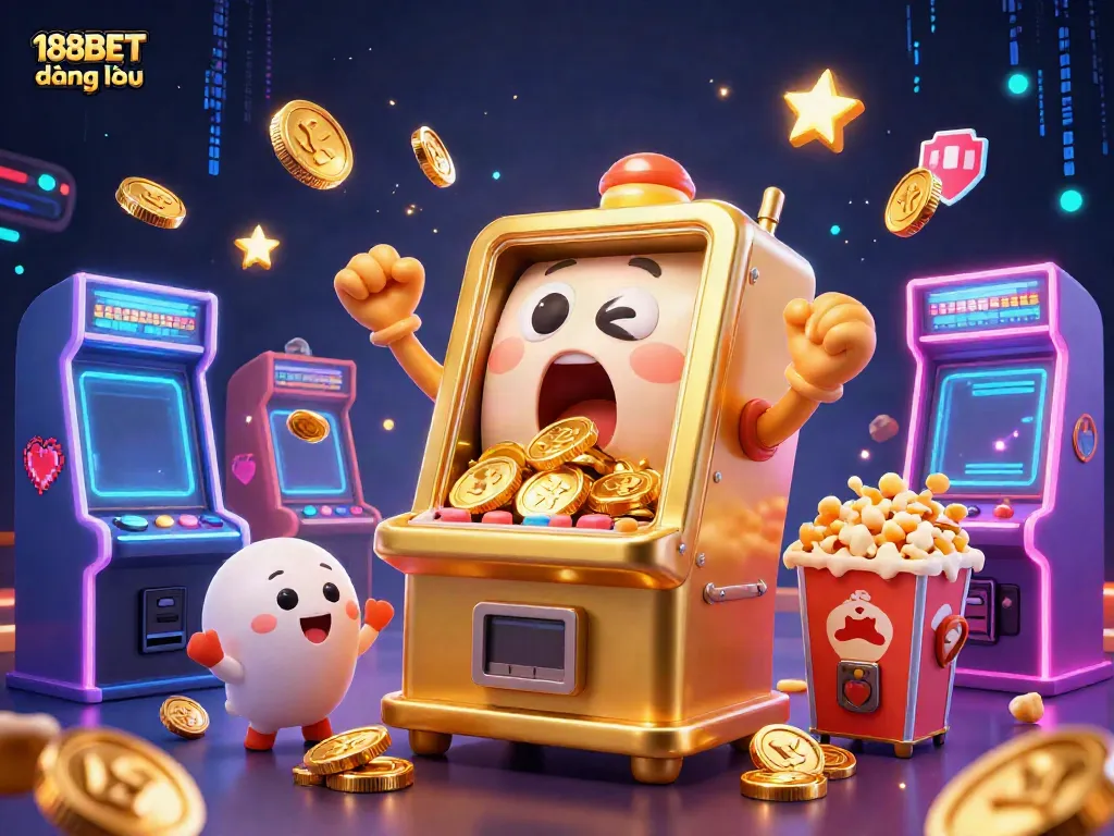 Experience the thrilling 188BET đăng nhập with a golden slot machine celebrating its jackpot amidst lively arcade elements.