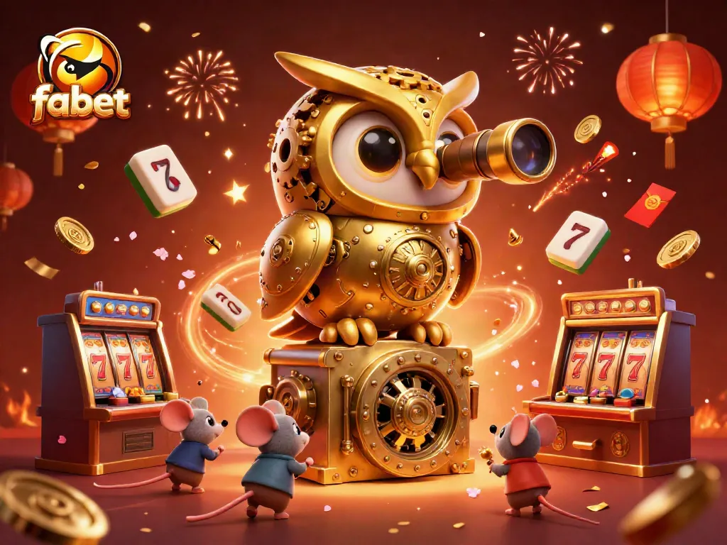 Experience thrilling casino action with fabet featuring a clockwork owl and vibrant 3D elements.