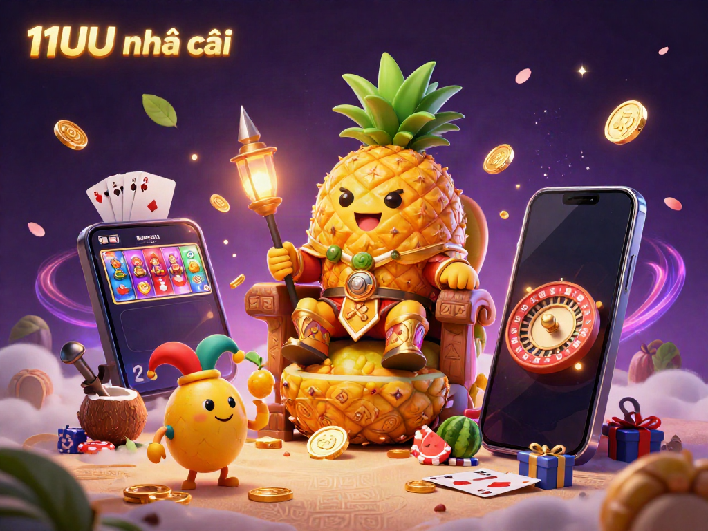 Engage with 11UU nhà cái's vibrant casino scene featuring a golden pineapple king and dynamic game elements.