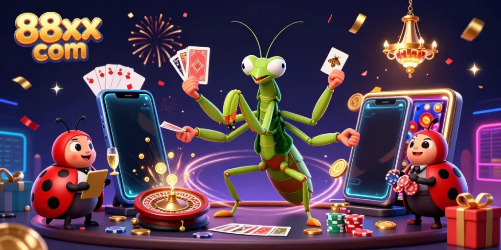 Experience the excitement of 88xx com as a giant mantis dealer shuffles cards and pours champagne in a vibrant casino scene.