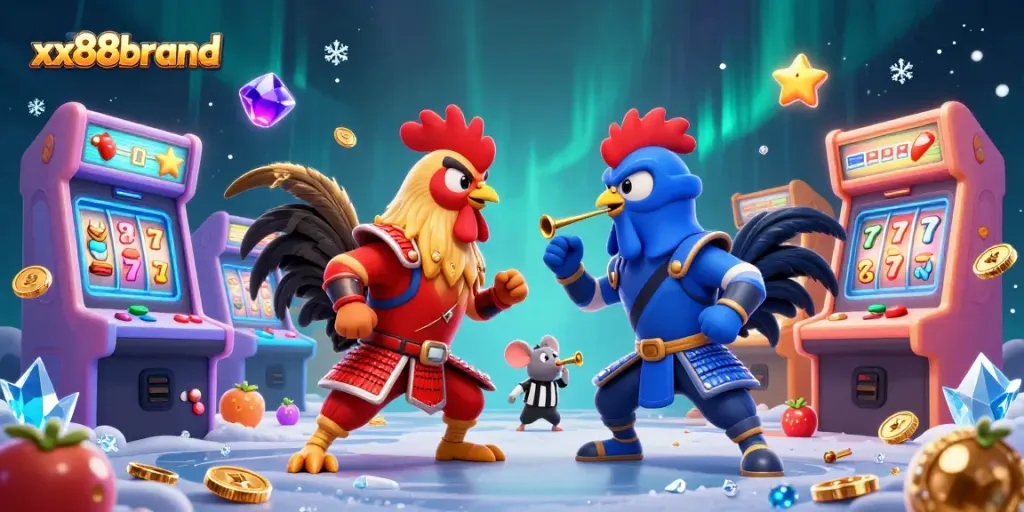 Engage with a thrilling cockfighting scene at xx88brand featuring dynamic roosters and arcade game elements.