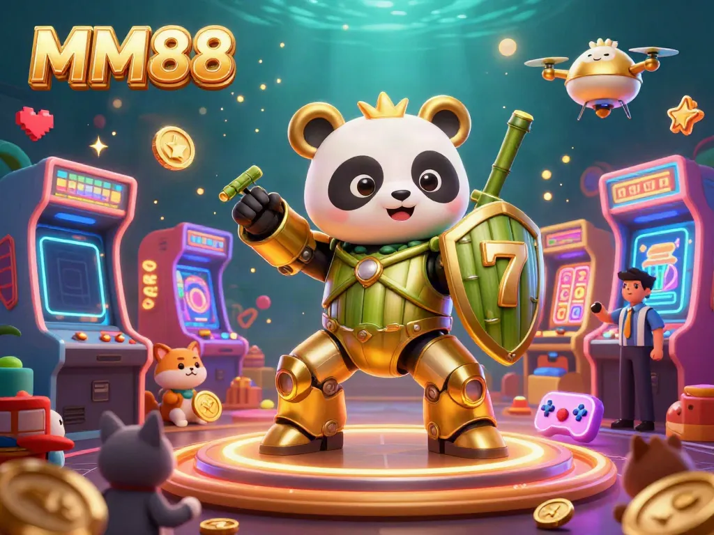 Experience thrilling MM88 gameplay with a vibrant mech-suit panda and colorful slot machines.