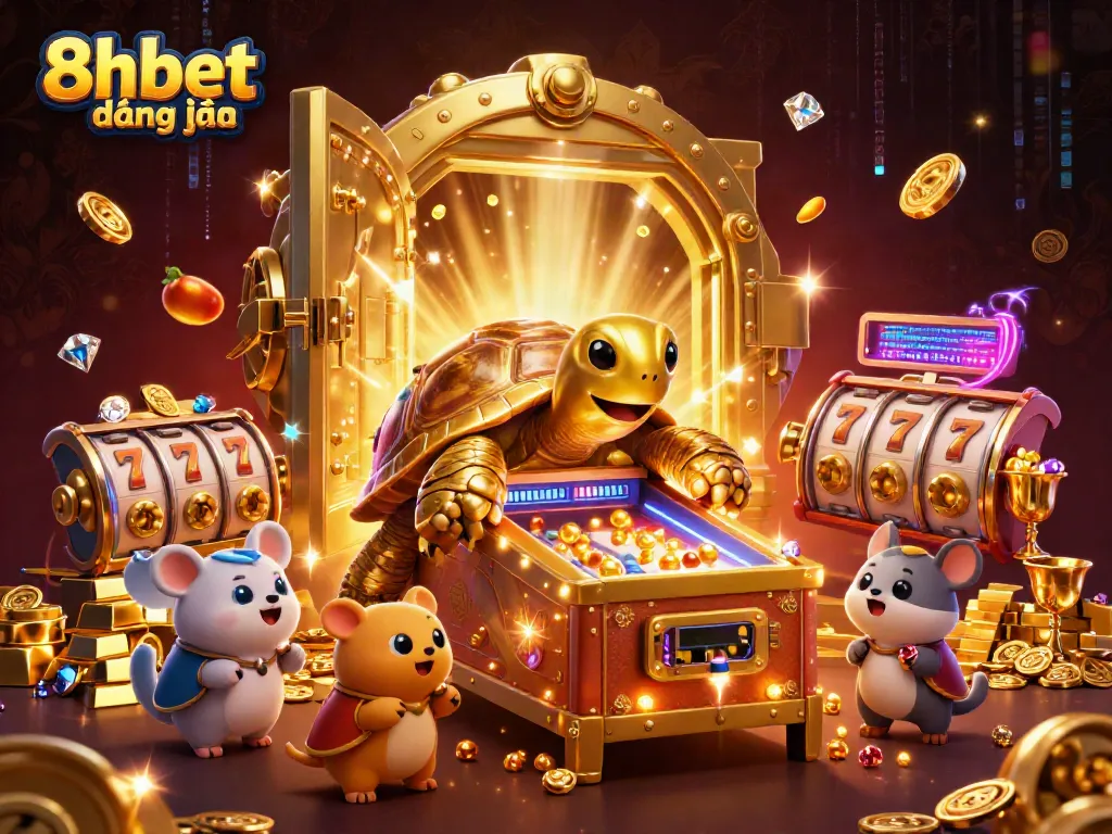 Play exciting games at 8xbet đăng nhập with vibrant visuals of golden treasures and happy players.