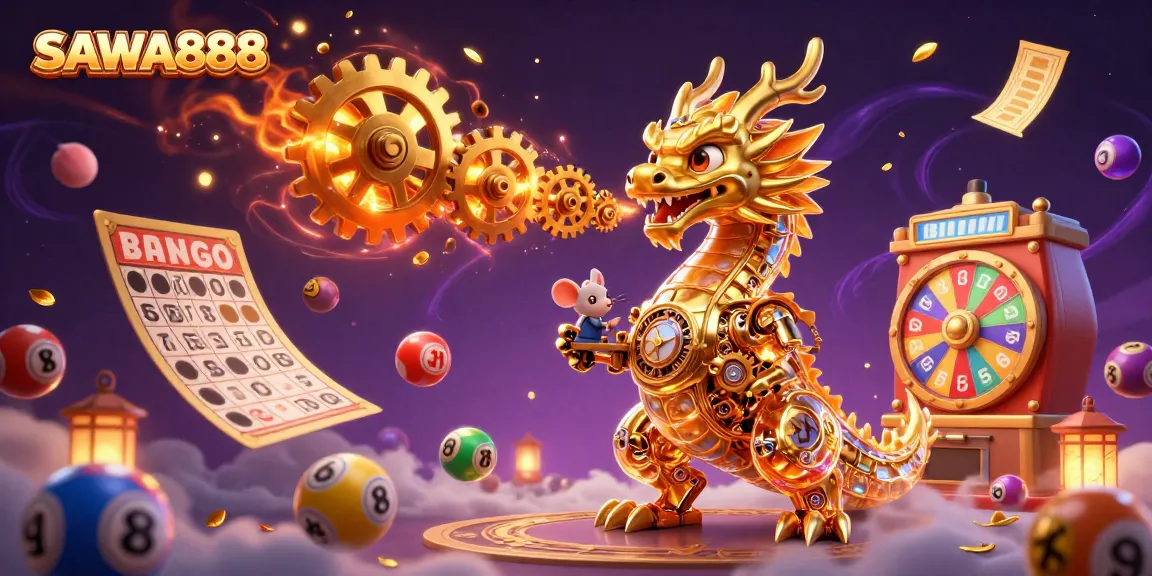 Experience the magic of SAWA888 with a vibrant 3D scene showcasing a golden dragon and lottery elements.